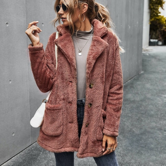 DarK Pink Fuzzy button pocket teddy Pea Coat - Picture 11 of 13